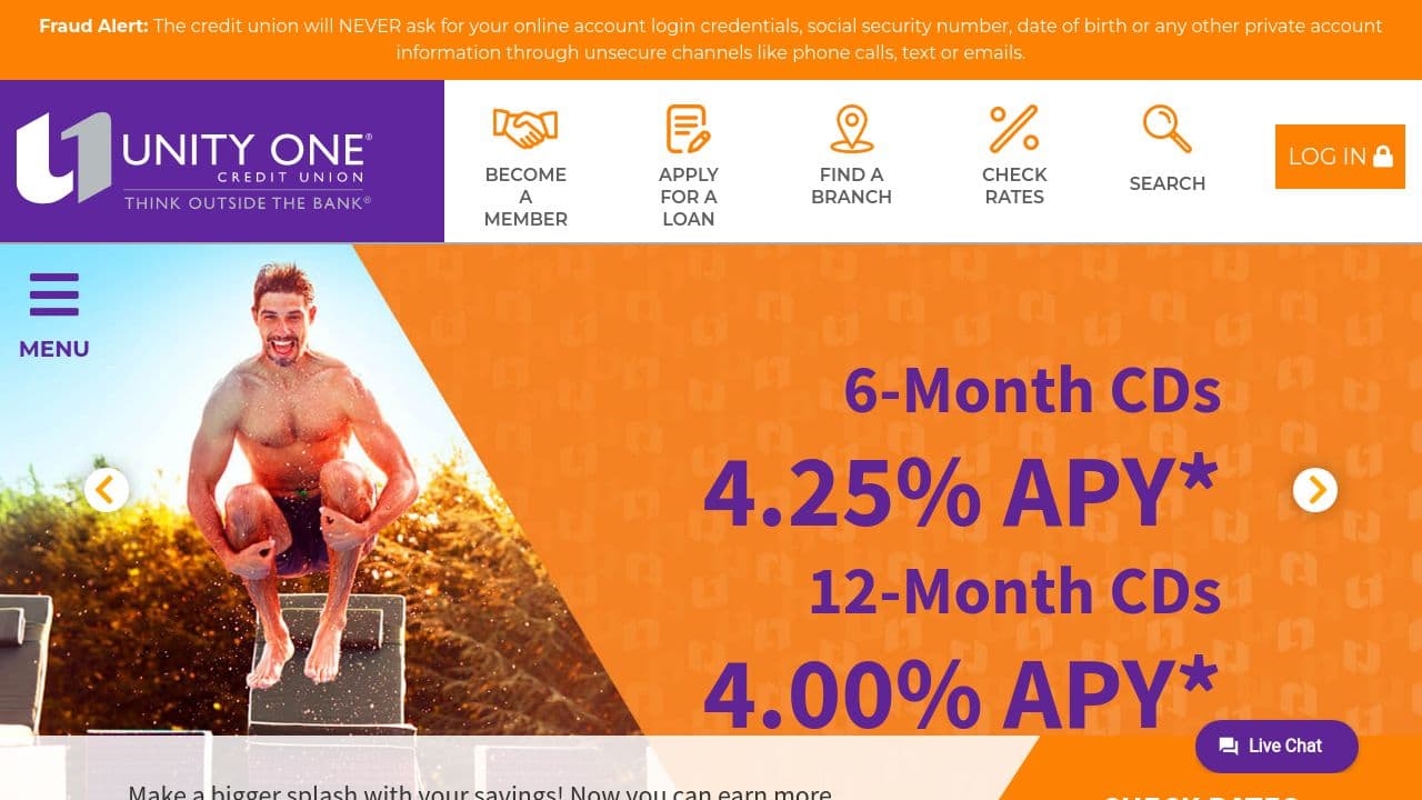Unity One Credit Union website screenshot