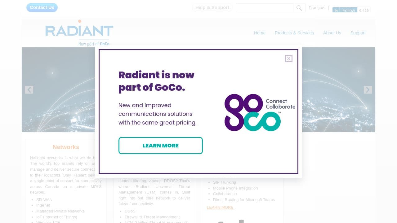 Radiant Communications website screenshot