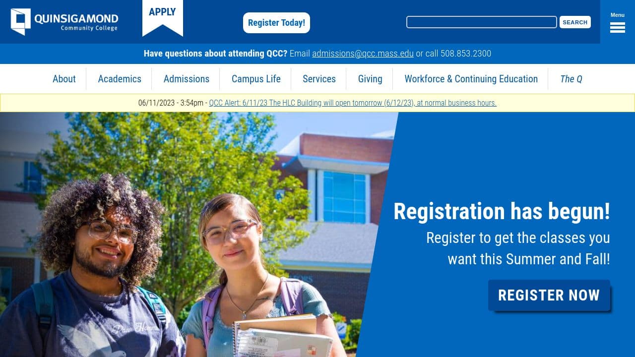 Quinsigamond Community College website screenshot