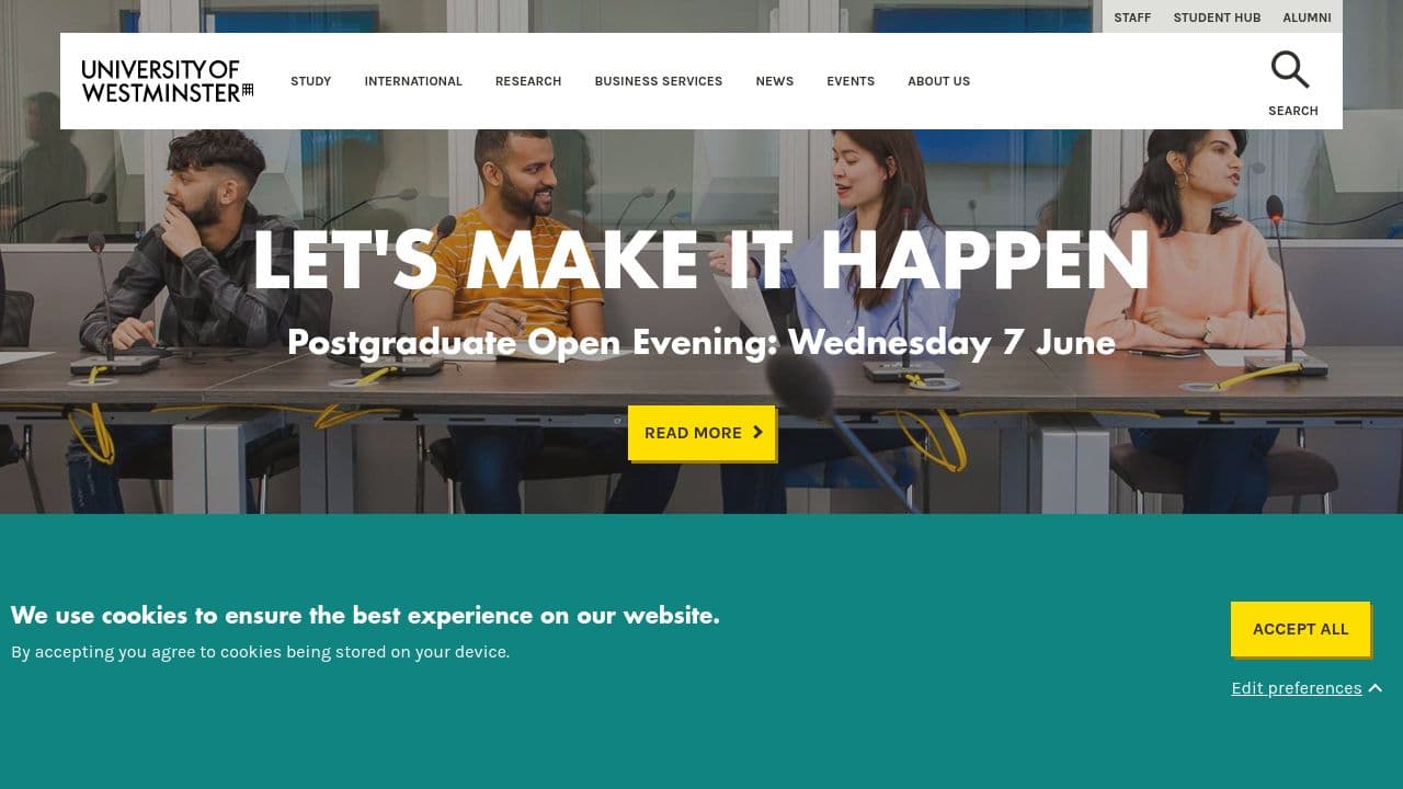 University of Westminster website screenshot