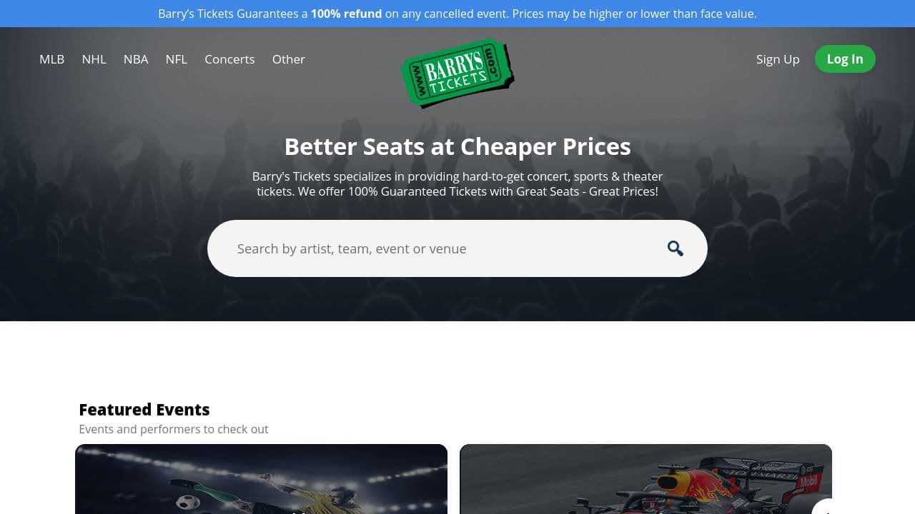 Barrys Ticket Service website screenshot