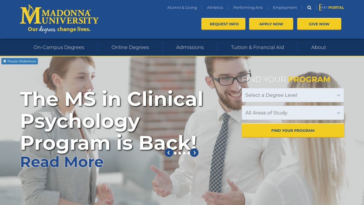 Madonna University website screenshot