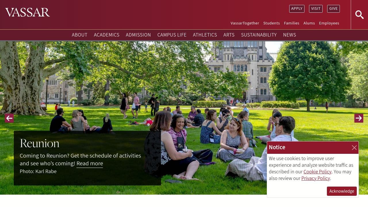 Vassar College website screenshot