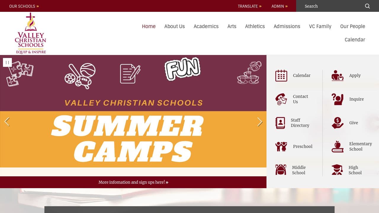 Valley Christian Schools website screenshot