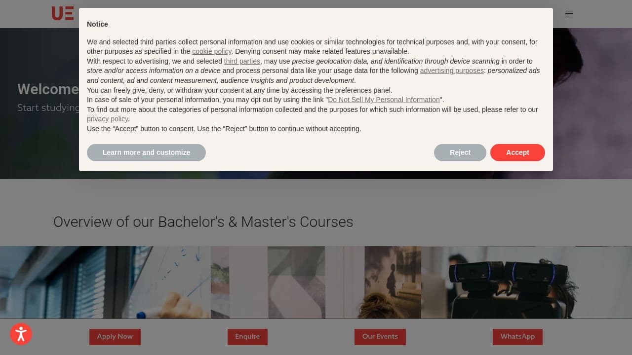 University of Europe for Applied Sciences website screenshot