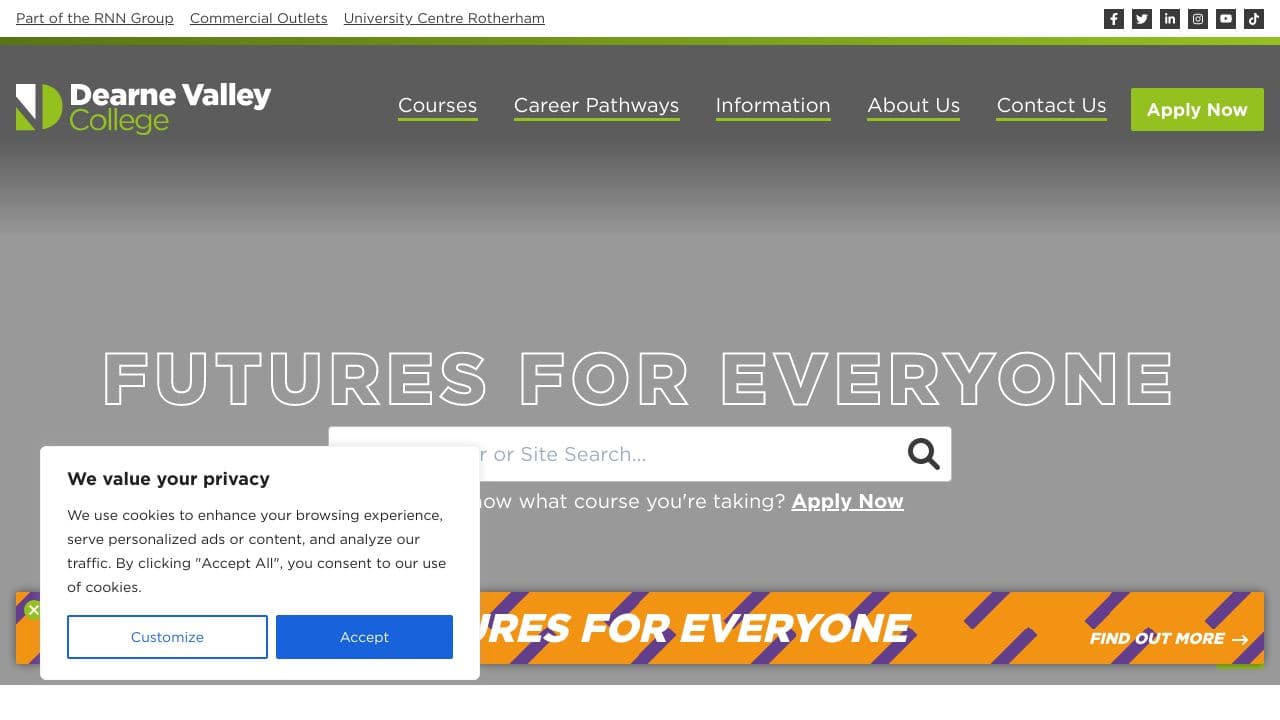 Dearne Valley College website screenshot