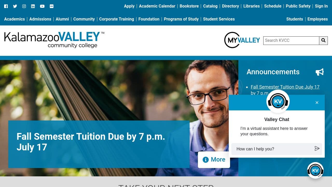 kalamazoo valley community college website screenshot
