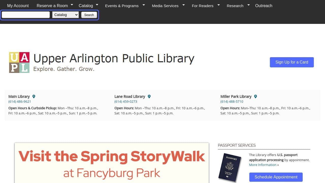 Upper Arlington Public Library website screenshot