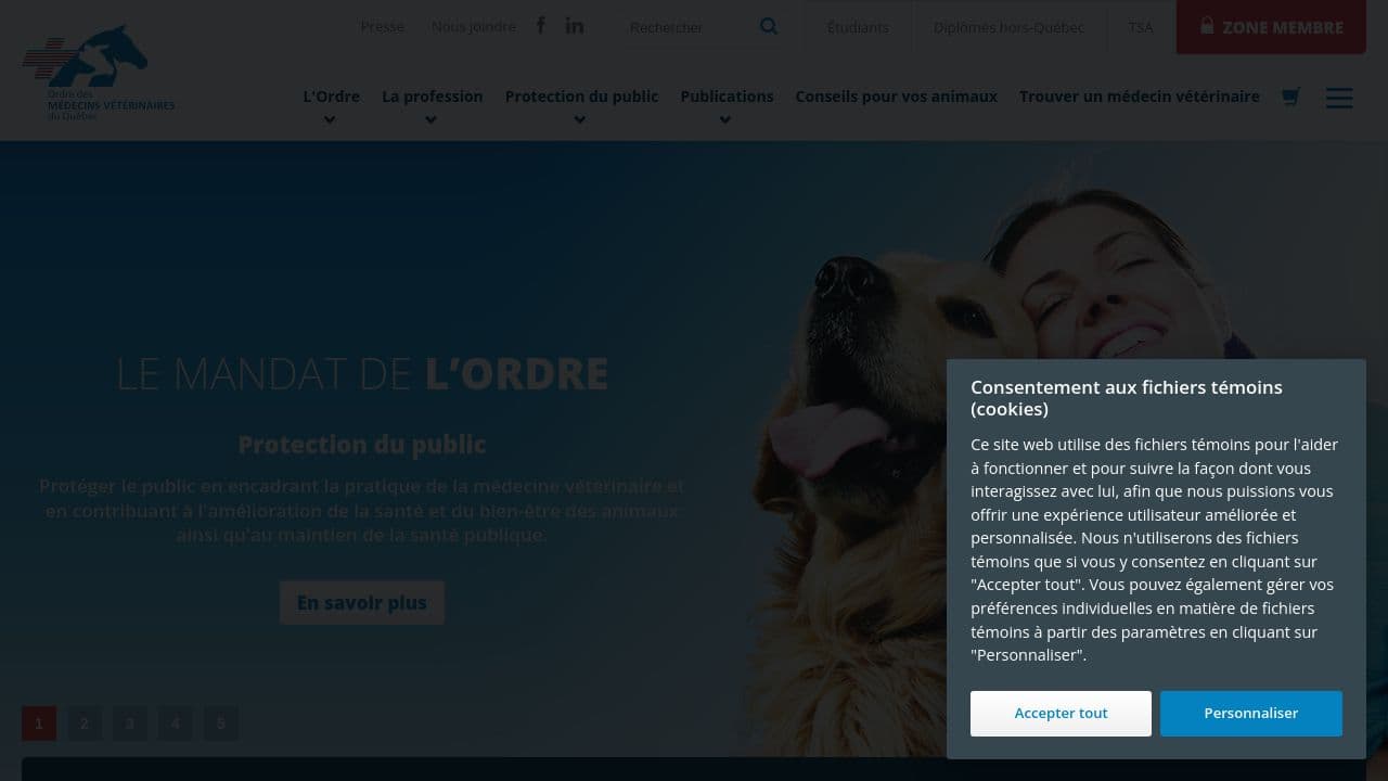 Ordre des médecins vétérinaires du Québec website screenshot