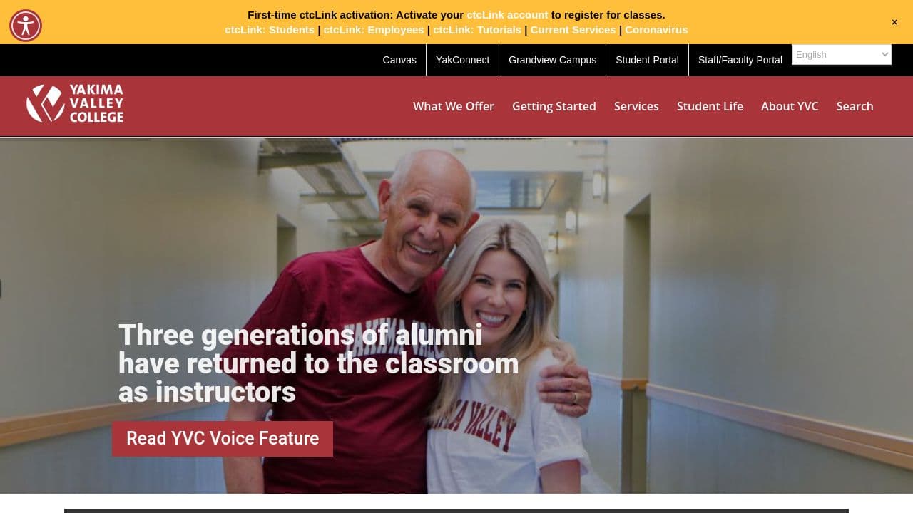 Yakima Valley College website screenshot