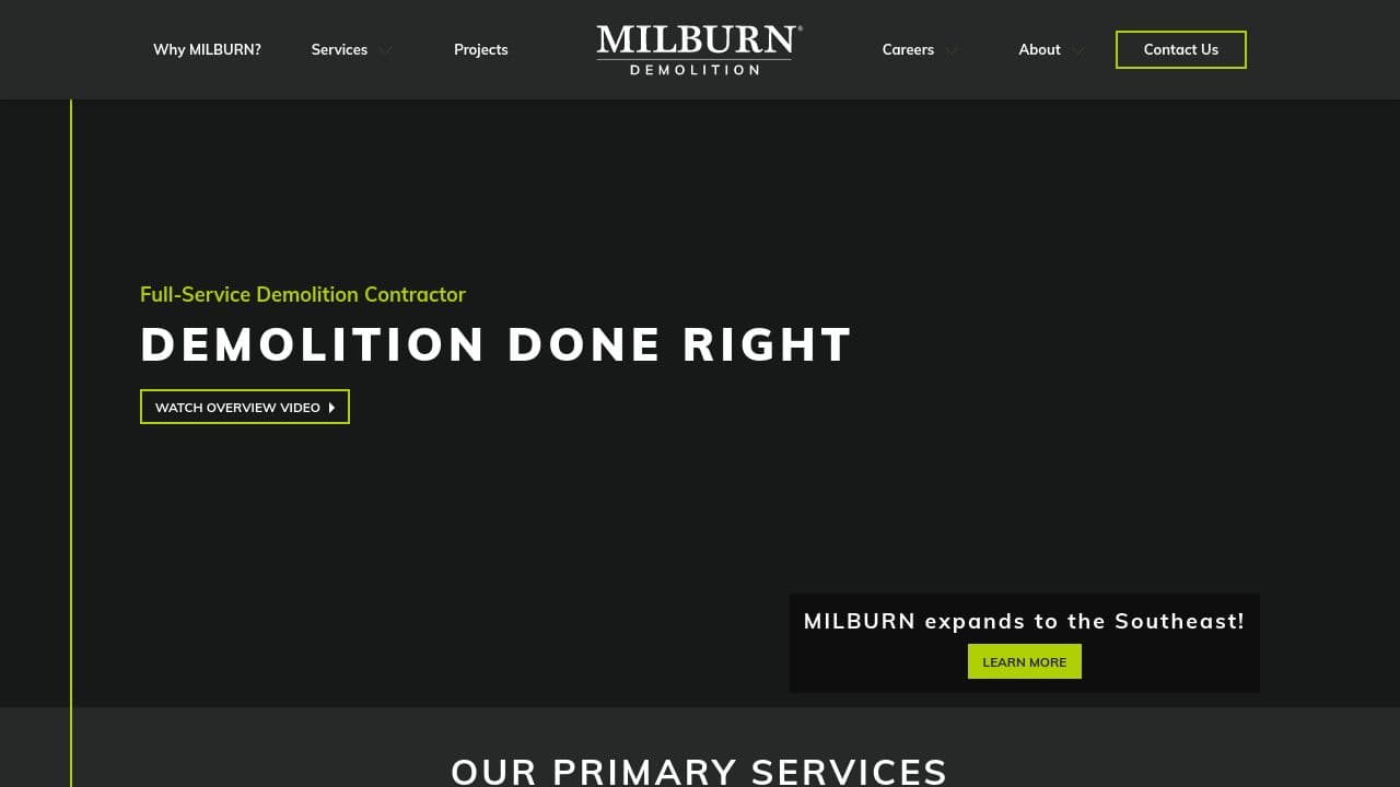 MILBURN DEMOLITION website screenshot