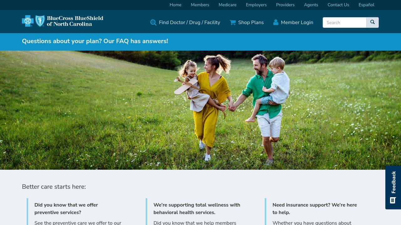 Blue Cross NC website screenshot