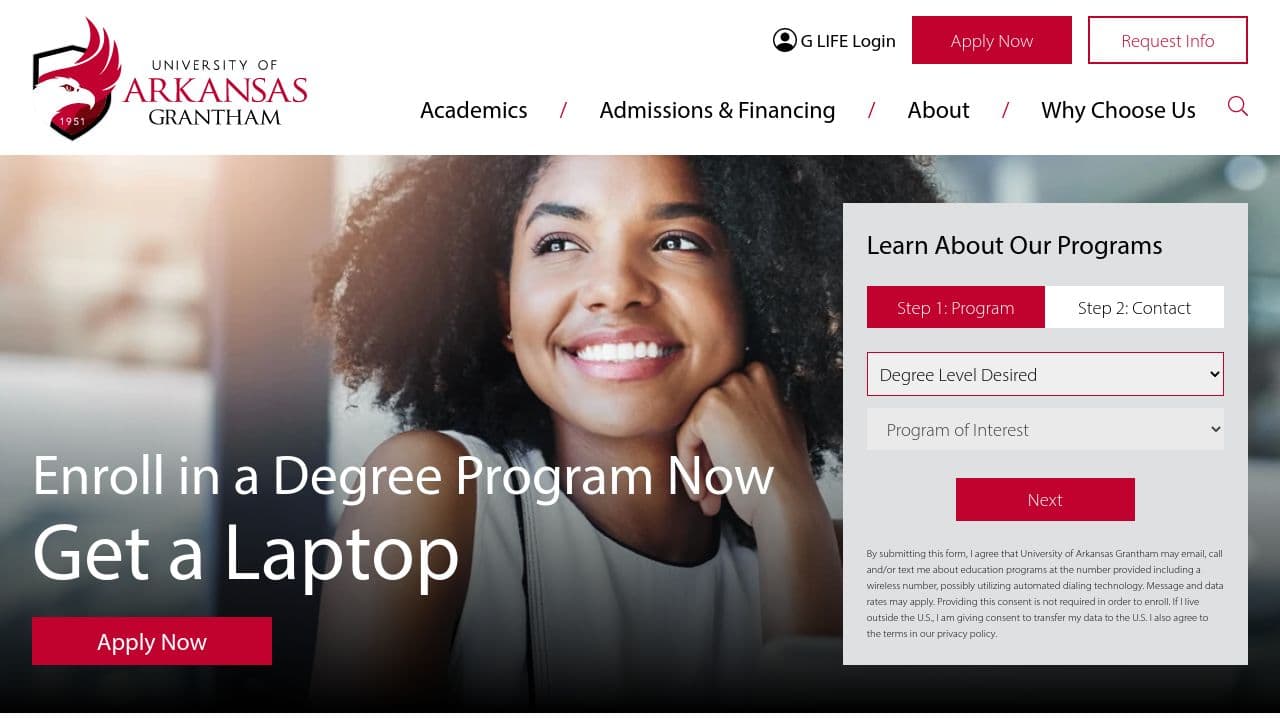 university of arkansas grantham website screenshot