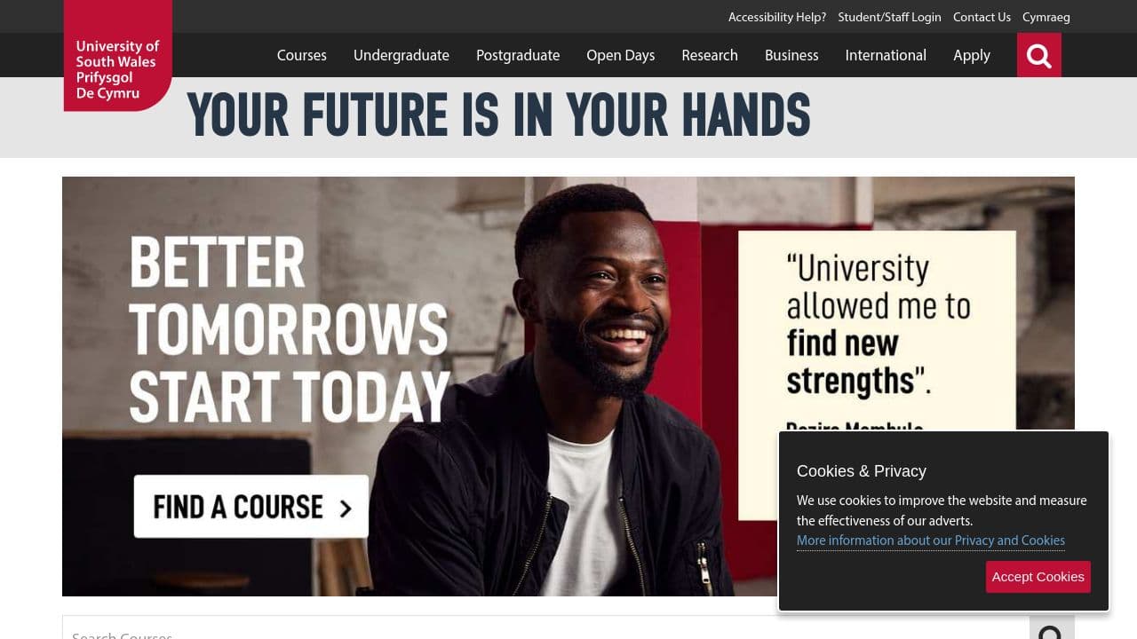 University of South Wales website screenshot