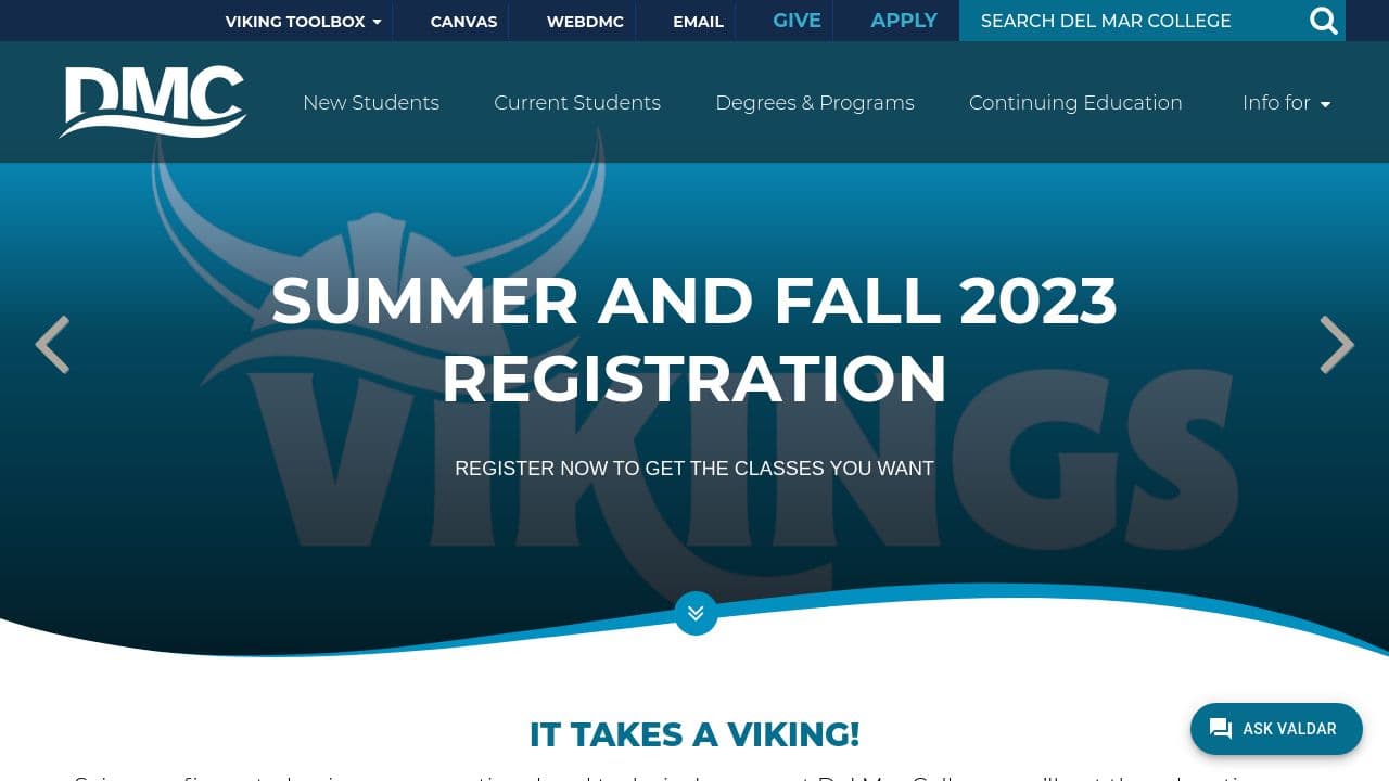Del Mar College website screenshot