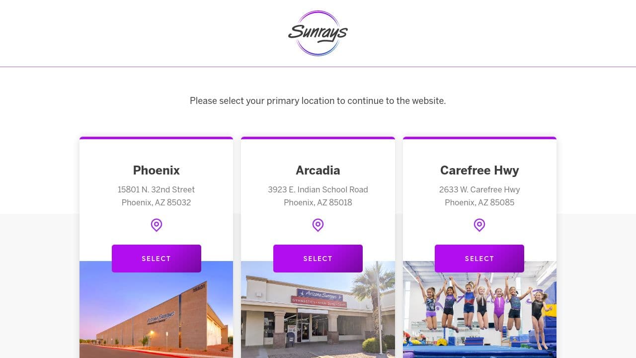 Arizona Sunrays Gymnastics & Dance Center website screenshot