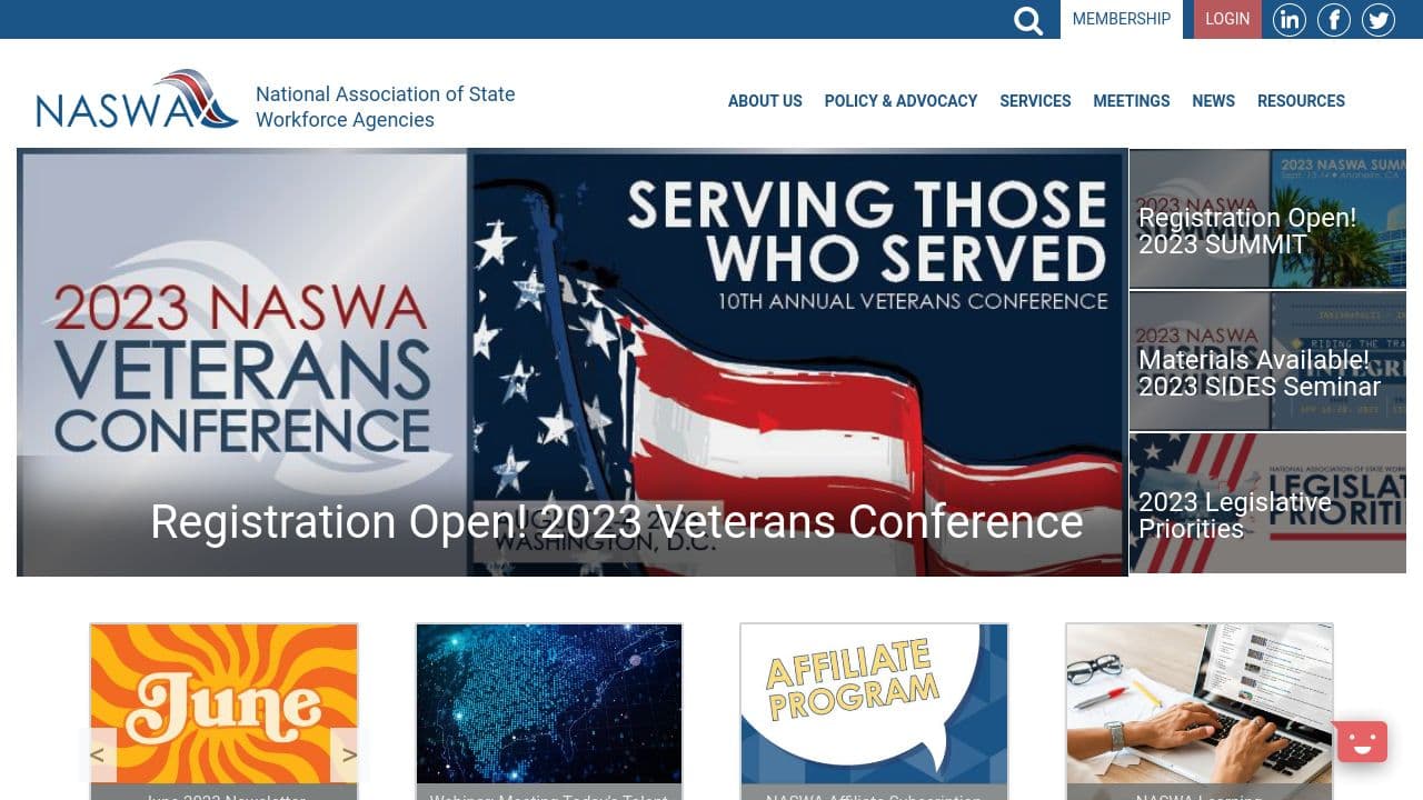 National Association of State Workforce Agencies website screenshot
