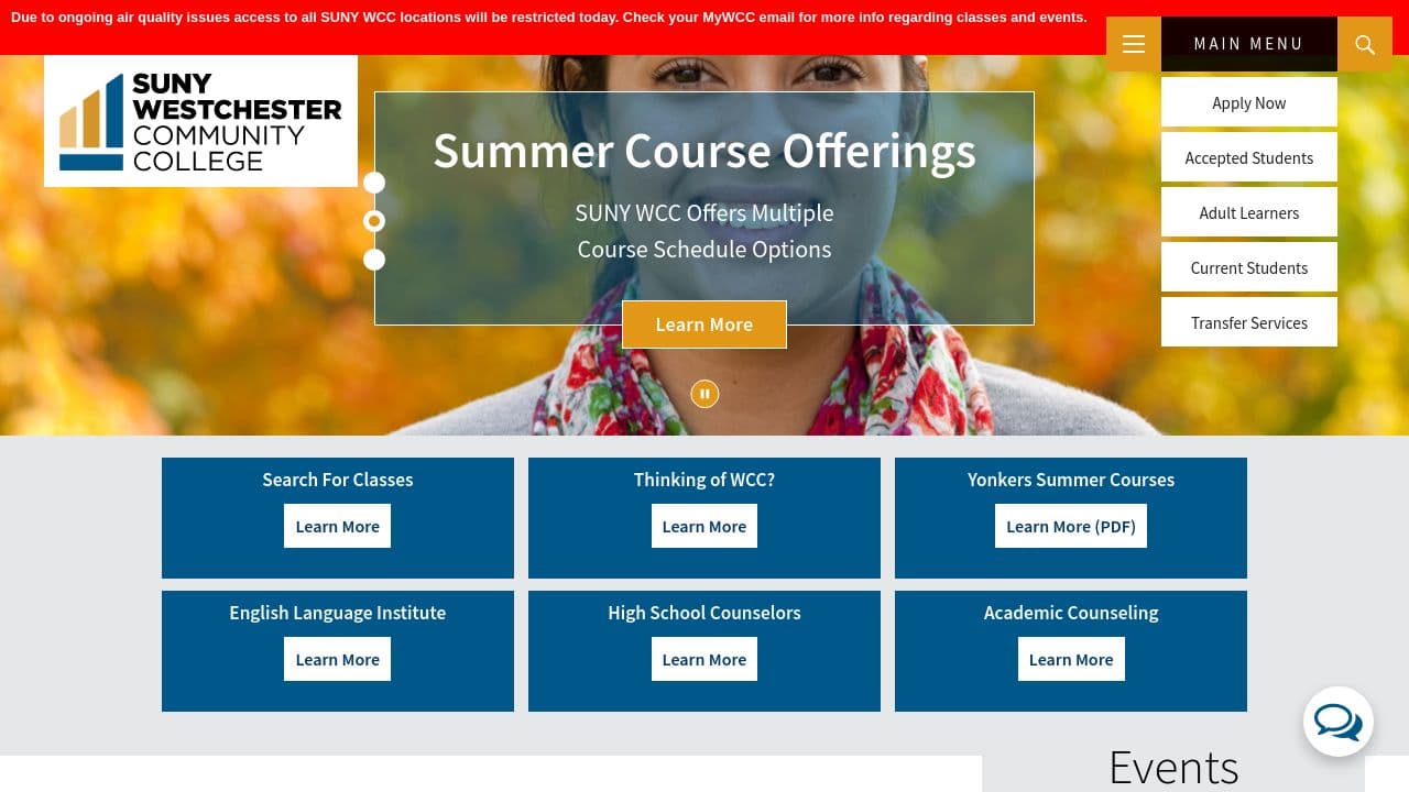 SUNY Westchester Community College website screenshot