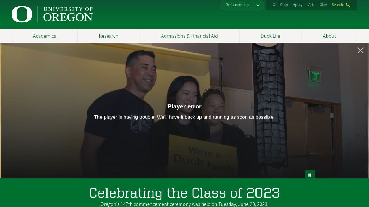 University of Oregon website screenshot