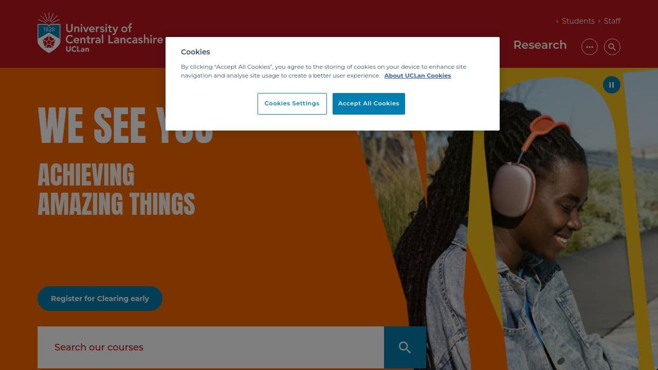 University of Central Lancashire website screenshot