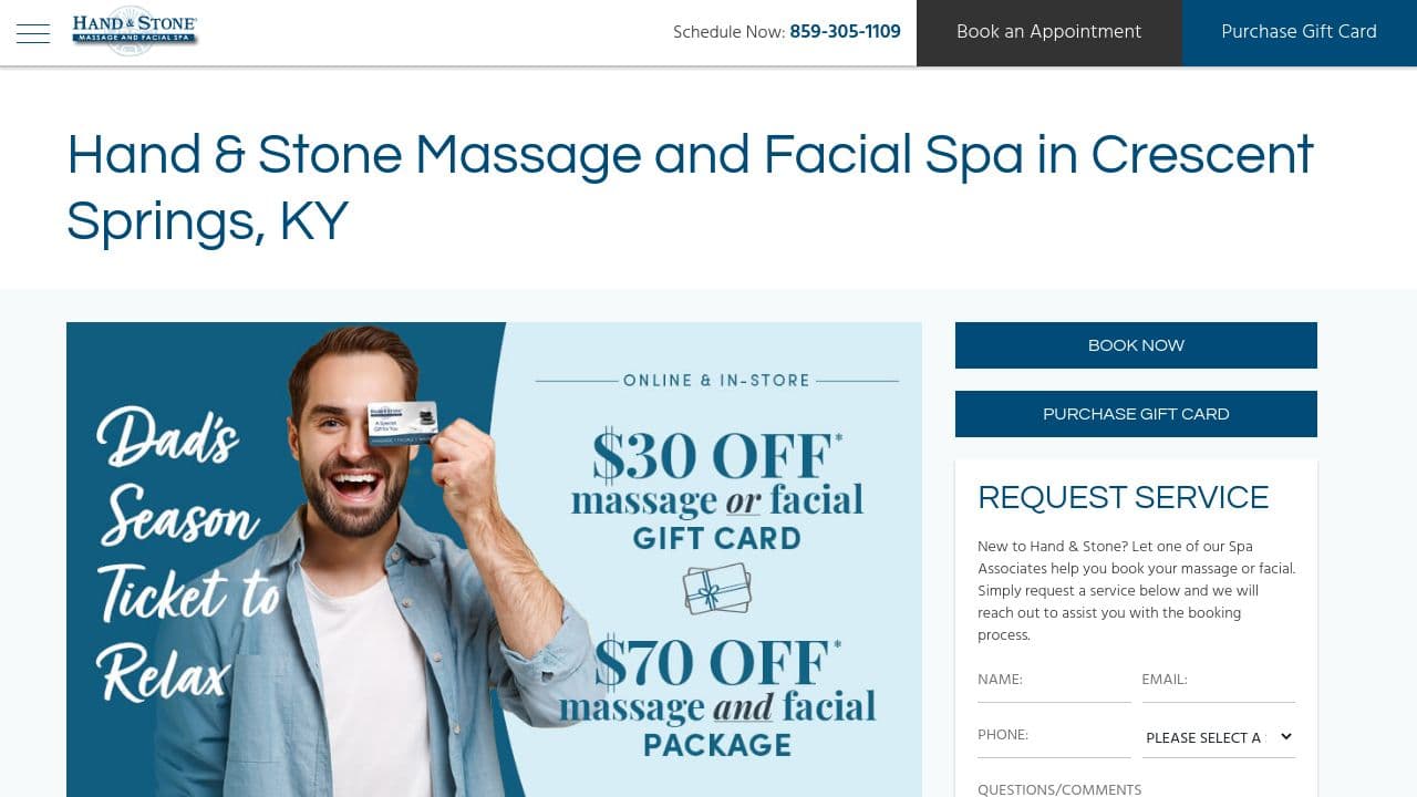 Hand & Stone Massage and Facial Spa website screenshot