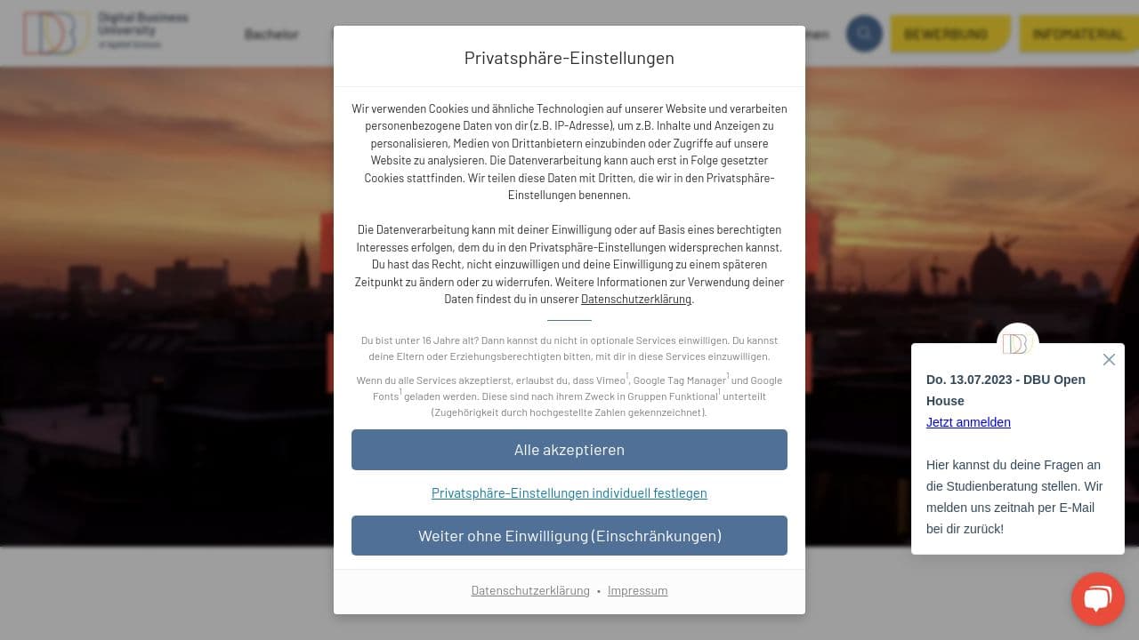 DBU Digital Business University of Applied Sciences website screenshot