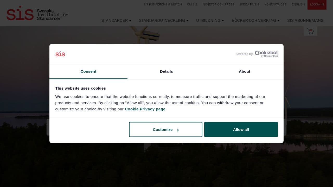 Swedish Institute for Standards, SIS website screenshot
