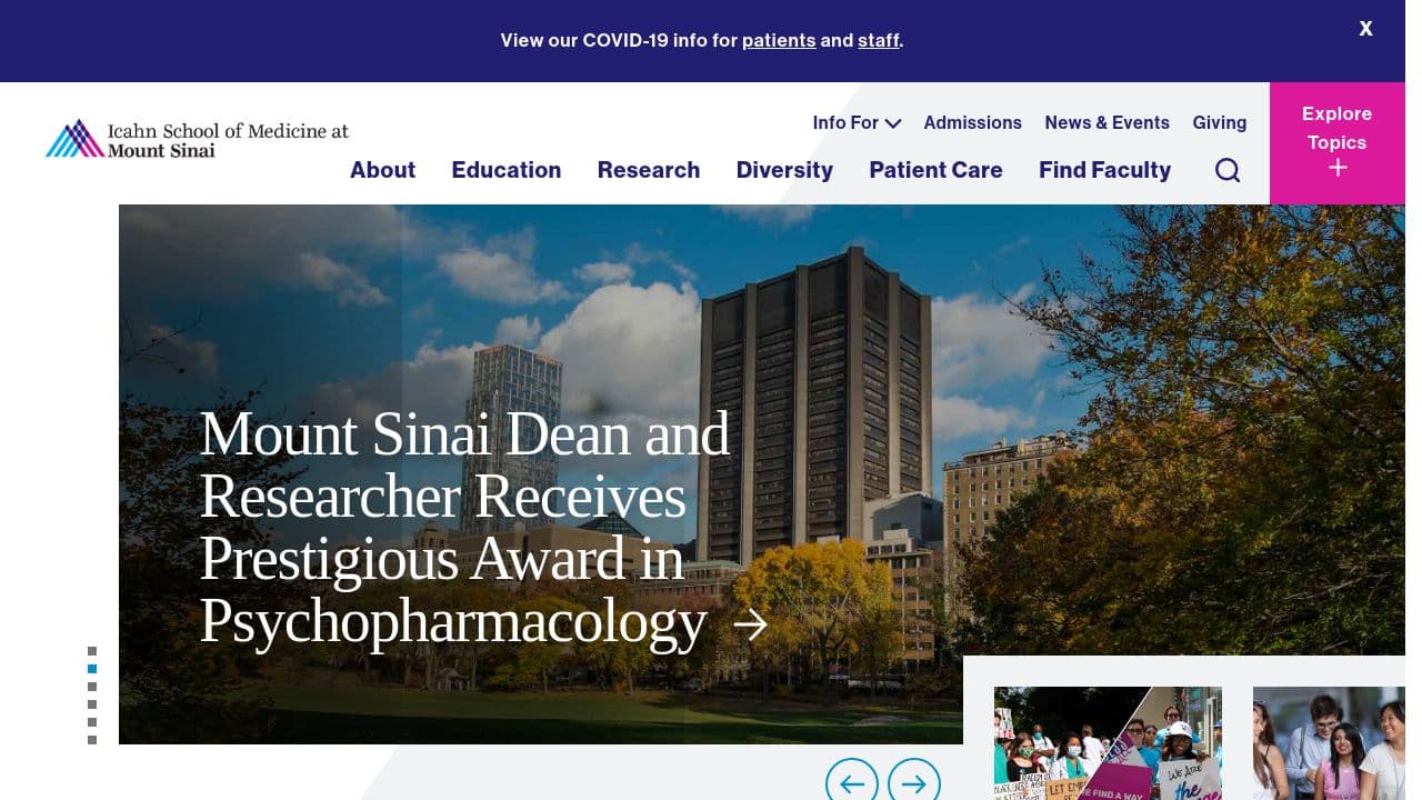 Icahn School of Medicine at Mount Sinai website screenshot