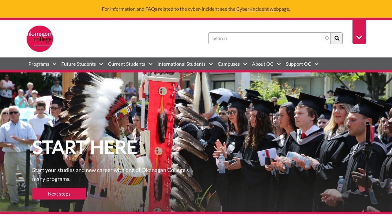 Okanagan College website screenshot