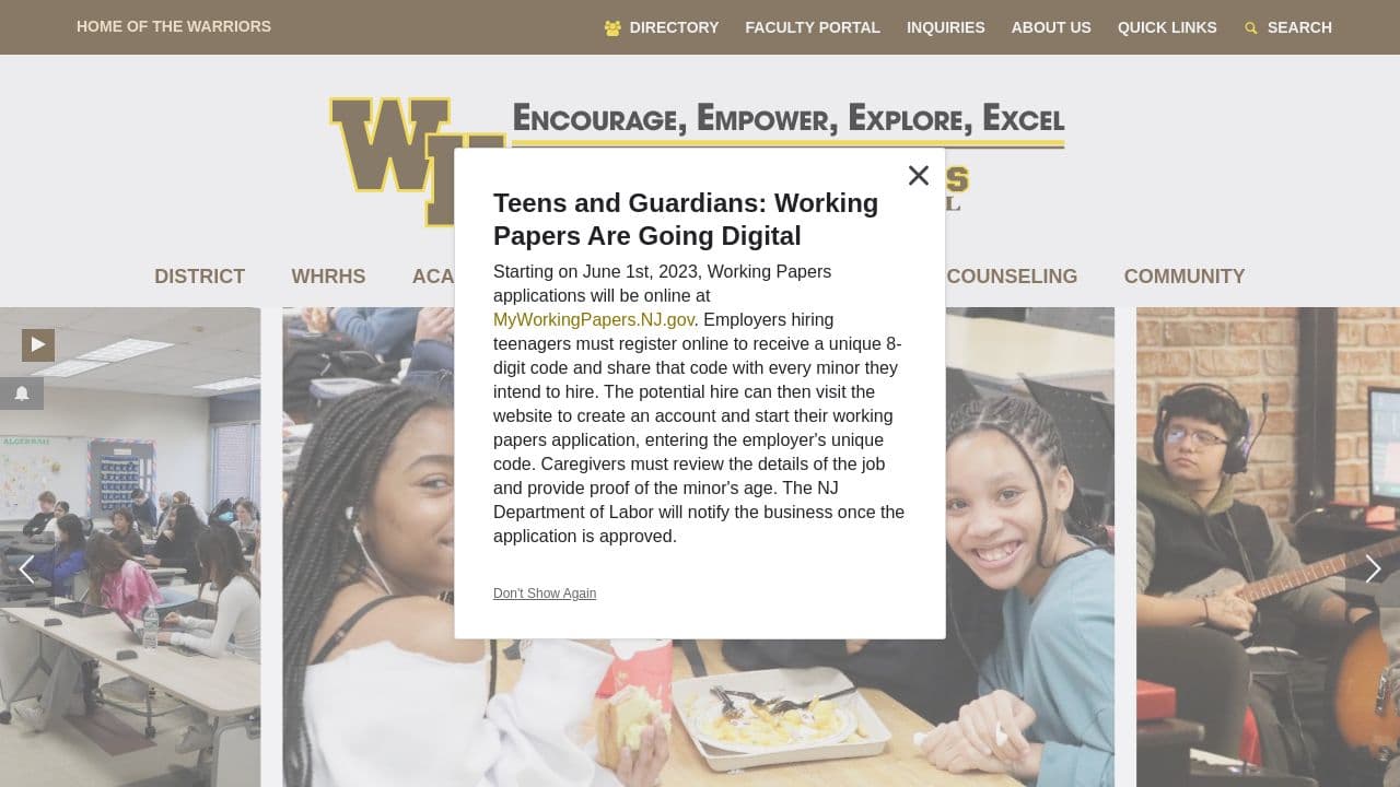 Watchung Regional High School website screenshot