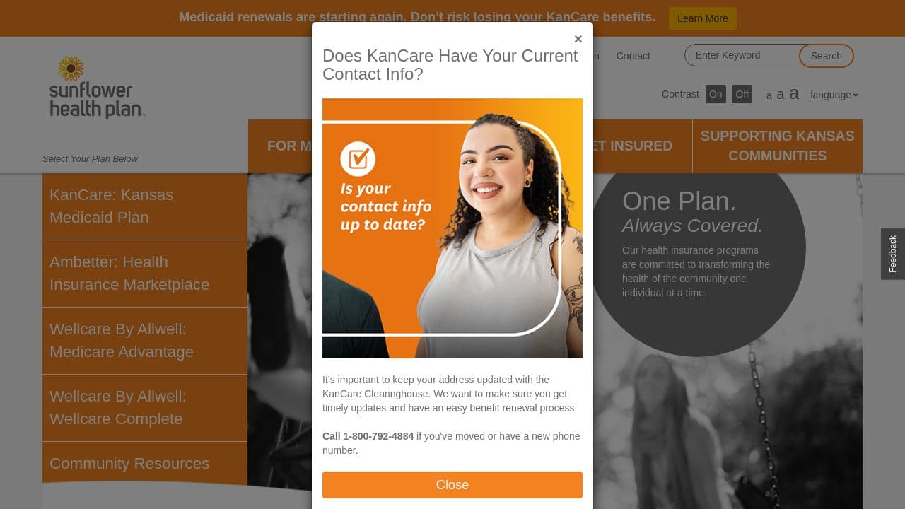 Sunflower Health Plan website screenshot