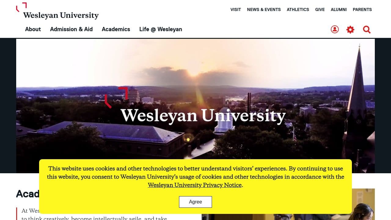 Wesleyan University website screenshot