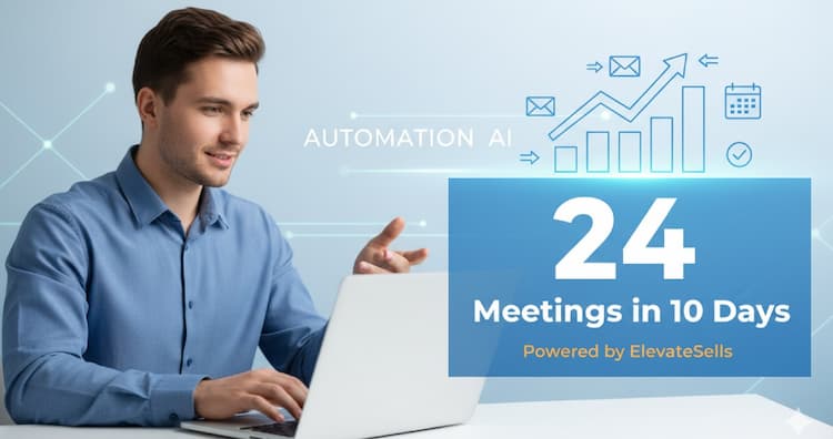 A professional thumbnail for a B2B case study titled “How Lucas Booked 24 Meetings in 10 Days with ElevateSells.