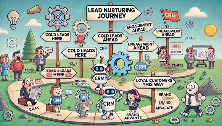 Humorous depiction of lead nurturing with CRM, marketing automation, and content marketing elements, showing a path from prospects to loyal customers.