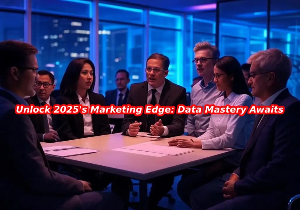 Illustration of futuristic digital marketing concepts for 2025, showcasing AI integration, social media algorithms, and data-driven strategies in a dynamic, engaging landscape format.