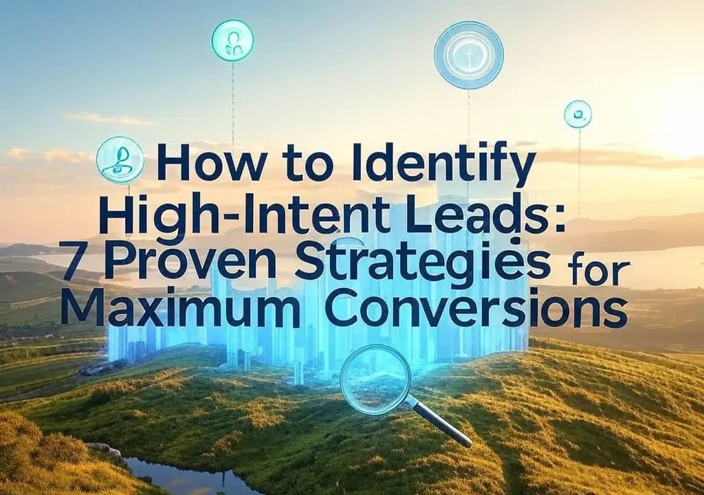 Thumbnail showcasing 'How to Identify High-Intent Leads: 7 Proven Strategies for Maximum Conversions' with glowing icons, sales graph, and magnifying glass on a blue, green, and white gradient background, symbolizing focused strategy and growth.