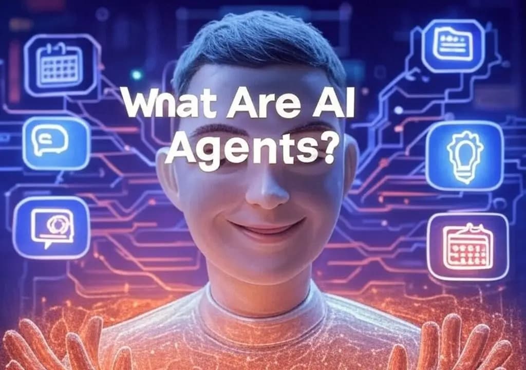 A humanoid AI assistant, either as a robot or hologram, surrounded by glowing icons like a calendar, chat bubble, gear, and light bulb to represent its functions.