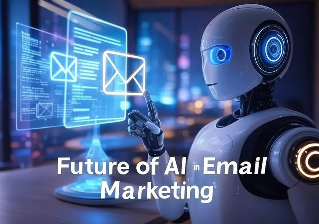 A sleek AI robot is pointing to a glowing email icon that symbolizes innovation and progress.