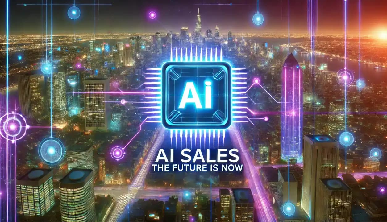 Futuristic city skyline at night, illuminated with neon lights and digital interfaces. A glowing AI chip with network connections symbolizes AI-driven sales and automation.