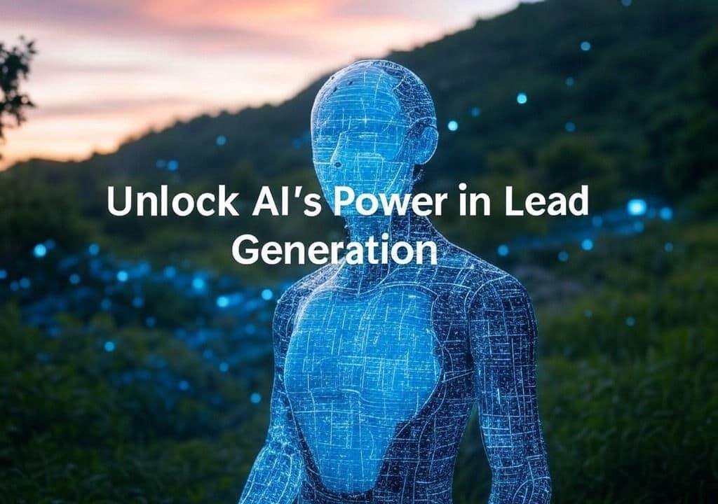 Digital landscape with abstract elements representing AI, symbolizing lead generation transformation with the text 'Unlock AI's Power in Lead Generation'.