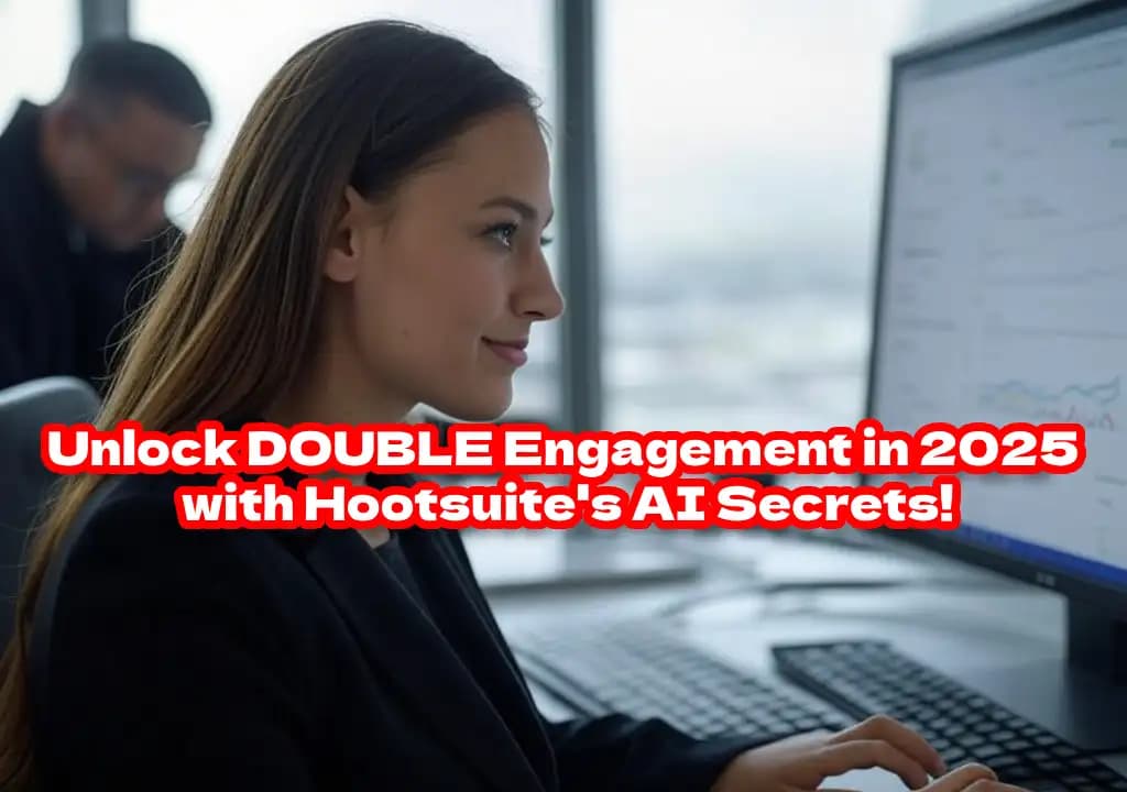 Futuristic dashboard showcasing Hootsuite 2025 with AI-enhanced tools, vibrant graphs showing doubled engagement, and game-like elements for social media management mastery.