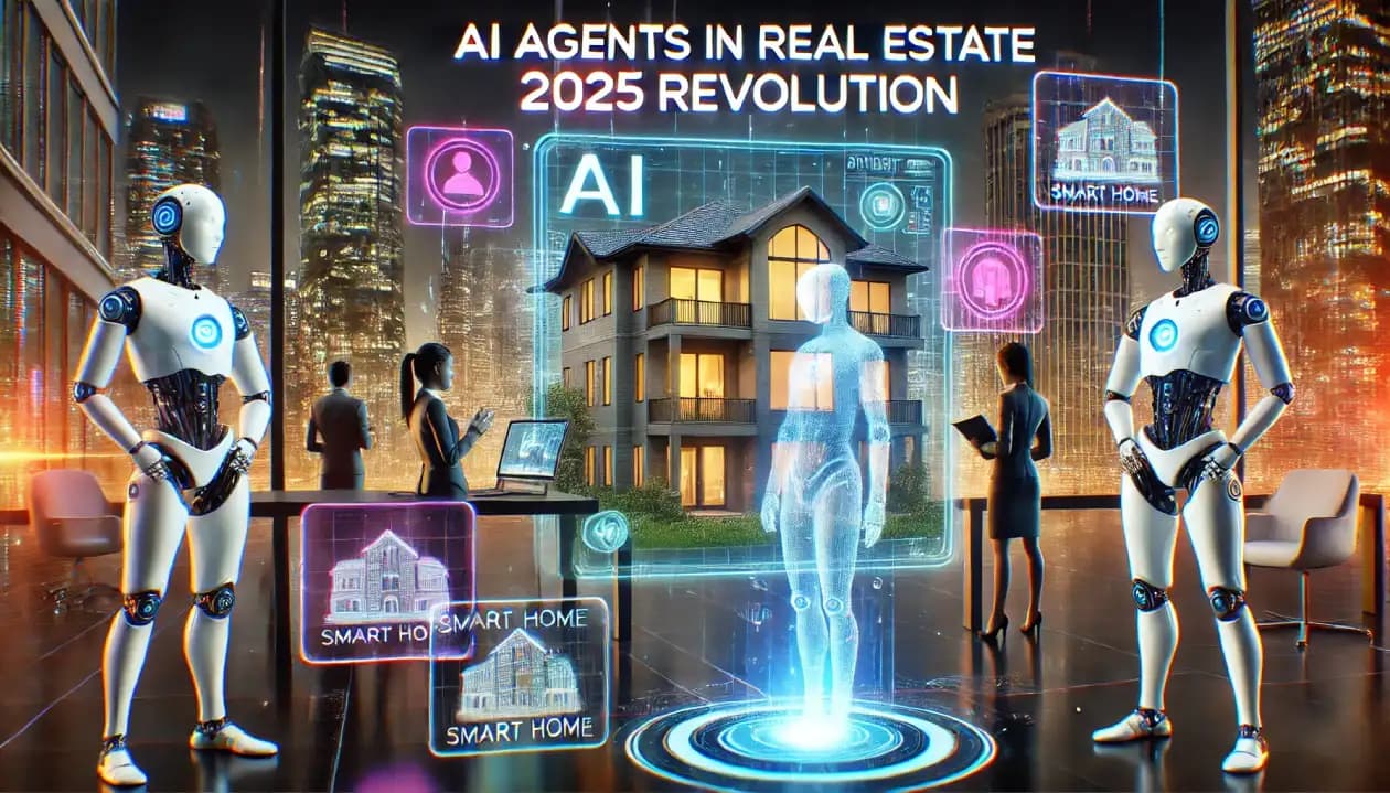 Futuristic real estate scene with AI-powered agents showcasing smart homes in a high-tech cityscape. Holographic property listings float in the air, with neon lighting and digital overlays. Bold text reads 'AI Agents in Real Estate: 2025 Revolution.'