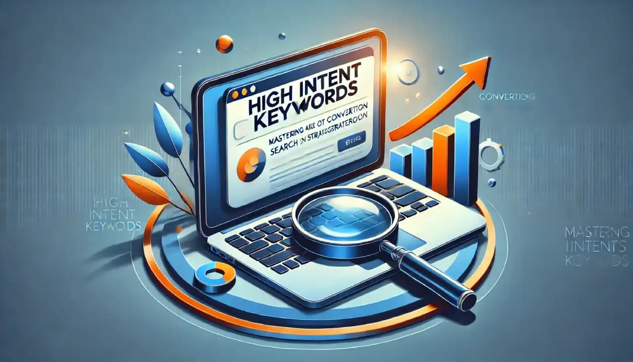 a thumbnail featuring a laptop with a search engine results page, a rising conversion graph, and a magnifying glass, symbolizing keyword research. The bold title 'High Intent Keywords' stands out in a blue and orange color scheme.